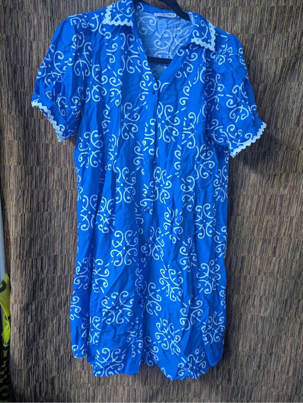 Blue and White Patterned Short Sleeve Dress with Ric Rac Trim